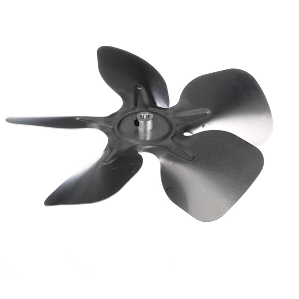 A close-up of a black Hoshizaki fan blade propeller.