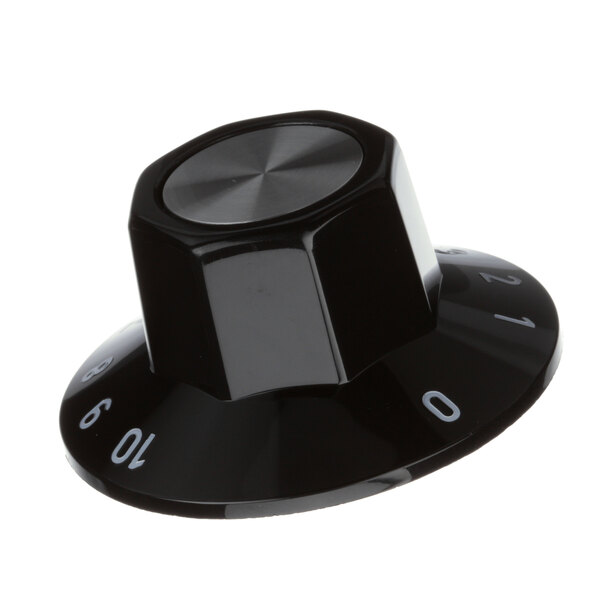 A black and silver Vollrath T-Stat knob with white numbers.