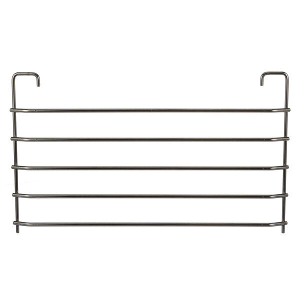 A metal rack with five metal bars, each with a hook on the end.
