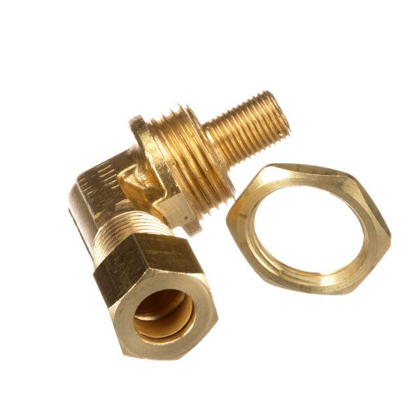A brass threaded pipe fitting with a nut on a gold metal pipe.