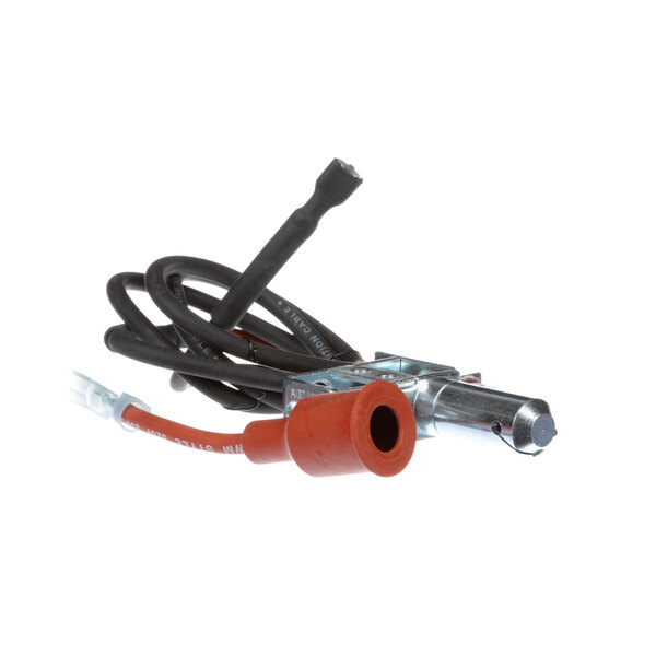 A red and black wire with a red connector attached to a Lincoln Burner Ignitor.