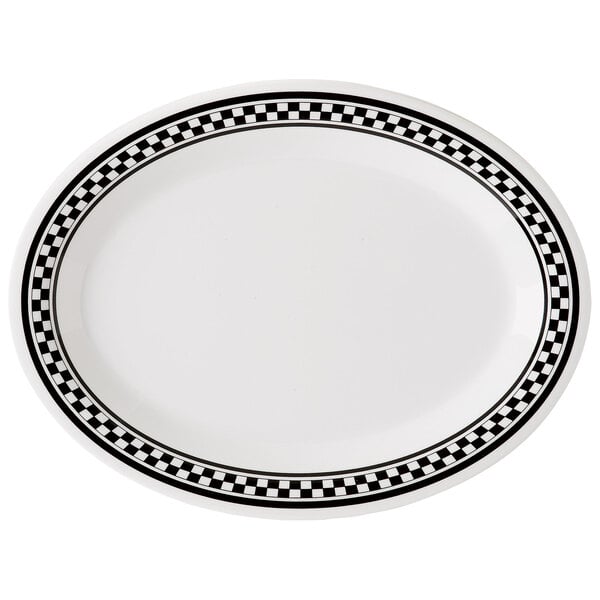 A white oval melamine platter with black and white checkered trim.