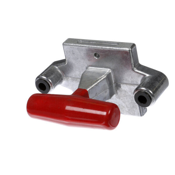 A Vollrath pusher head with a red handle on a metal clamp.
