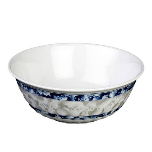 A white melamine bowl with blue dragon designs and trim.