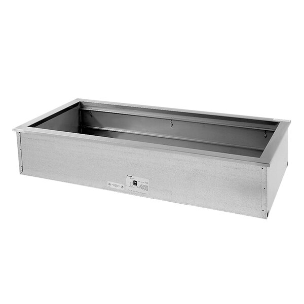 A Delfield narrow drop-in ice-cooled food well with three open metal pans inside.