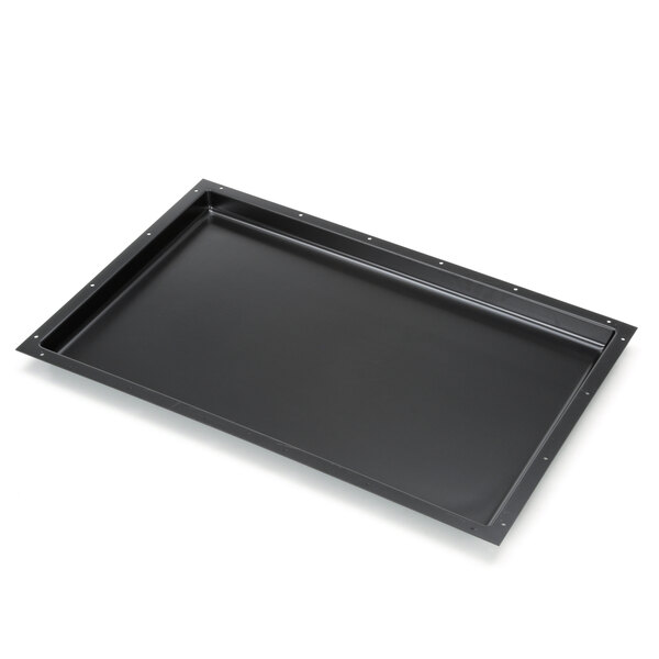 A black rectangular metal tray with holes on a table in a salad bar.