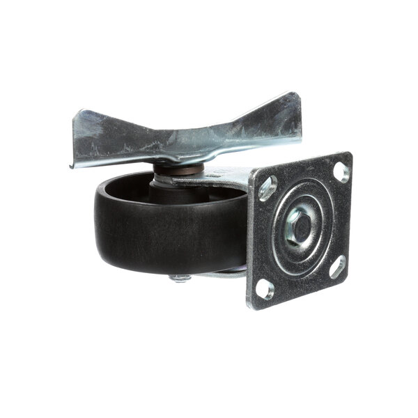 A black Randell caster wheel with a black rubber wheel and metal plate.