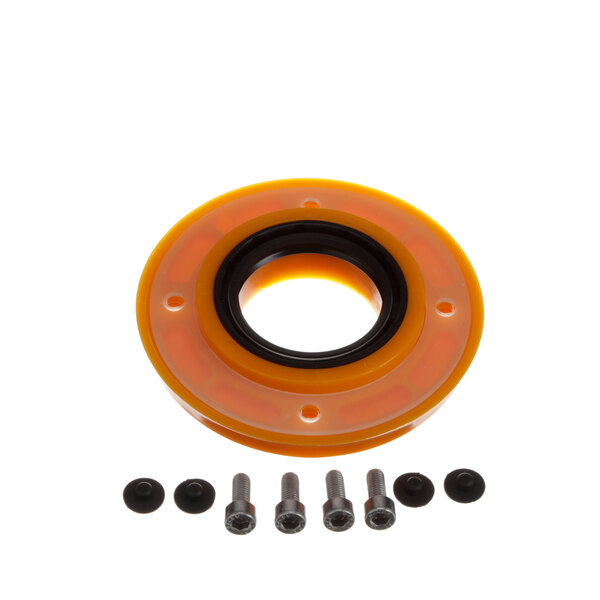 A circular orange rubber fastener with screws and nuts.