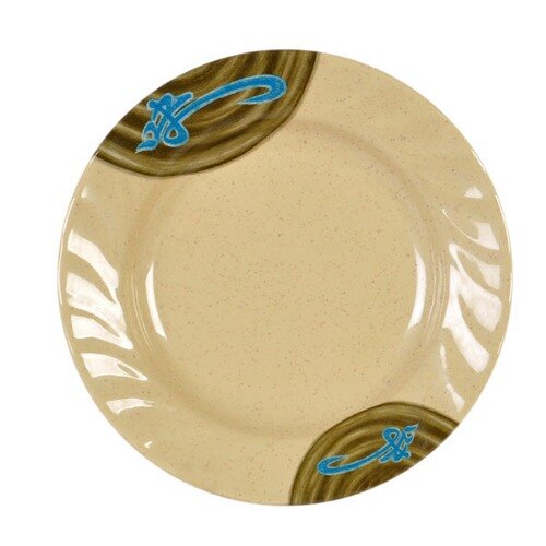 A beige melamine plate with a blue and brown design on the rim.