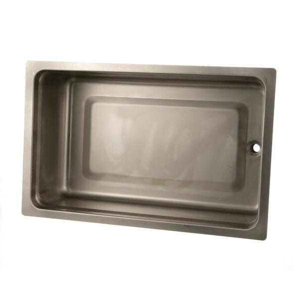 A rectangular metal water pan with a hole.
