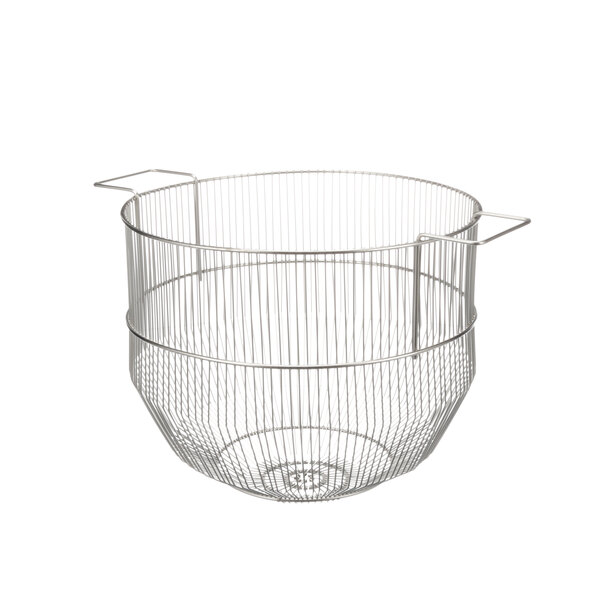 A close-up of a metal Groen wire basket with handles.