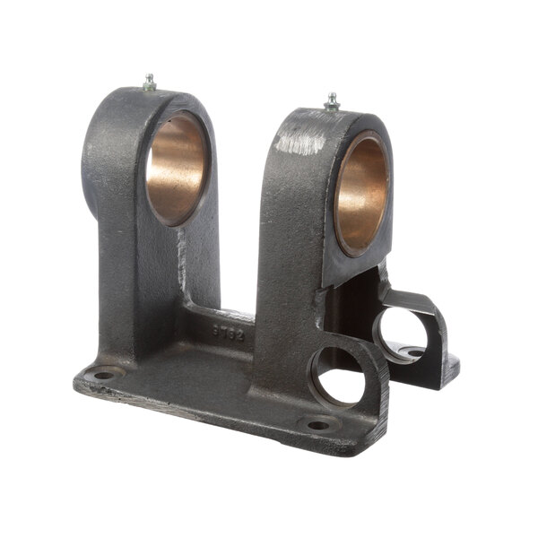 Two black metal Groen bearing housing brackets with two holes.