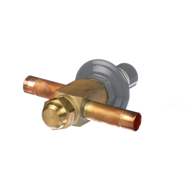 A Beverage-Air crankcase valve with a brass body and gold handle.