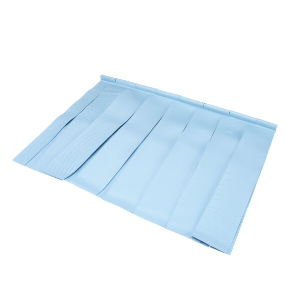 A blue plastic curtain with pleated edges.