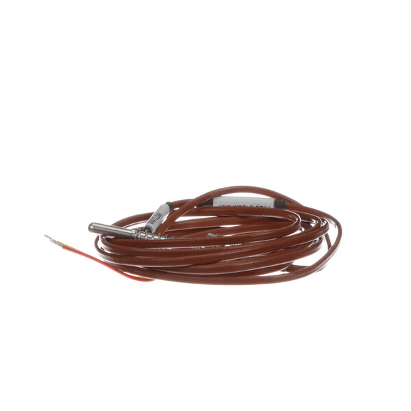 A brown cable with metal ends and a red and white wire.