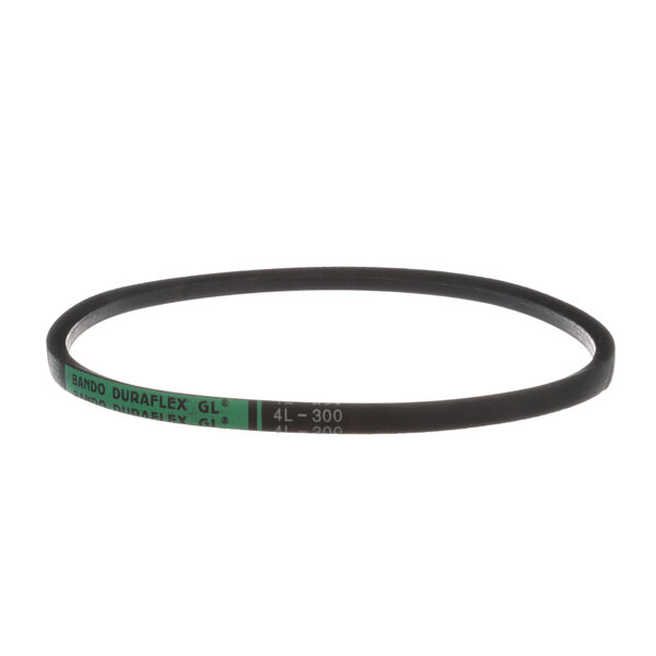 A black circular drive belt with green and white text.