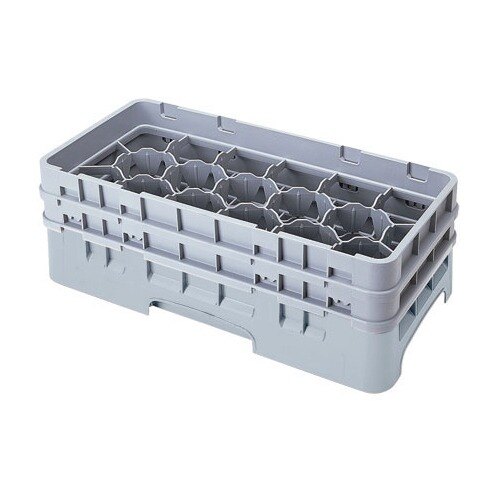 A grey plastic Cambro glass rack with 17 compartments and holes.
