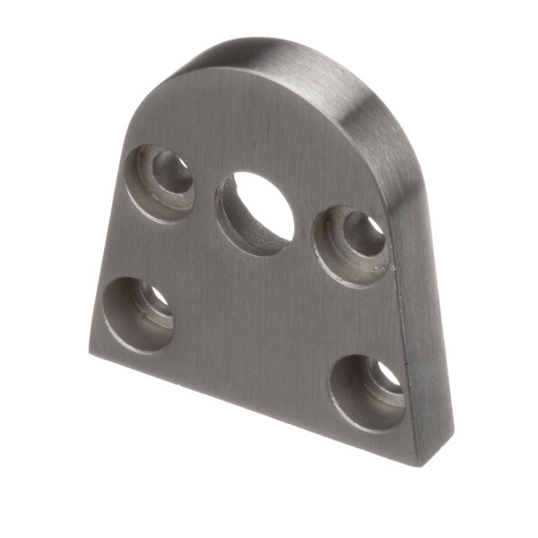 A stainless steel Cleveland hinge end piece with holes.