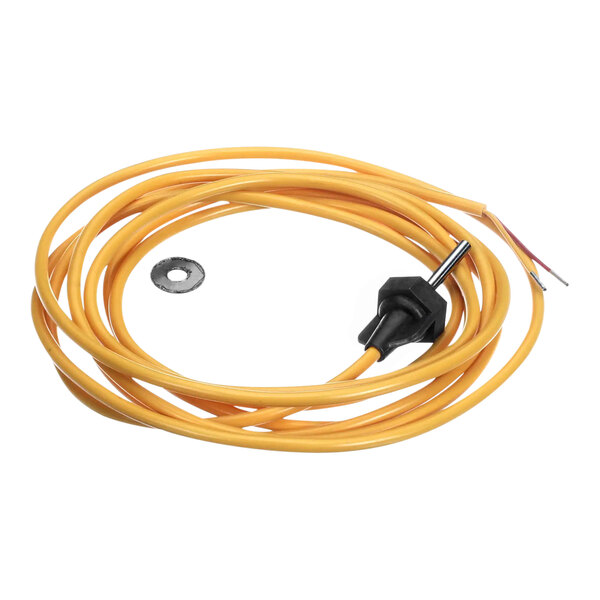 A yellow cable with a black end and screw.