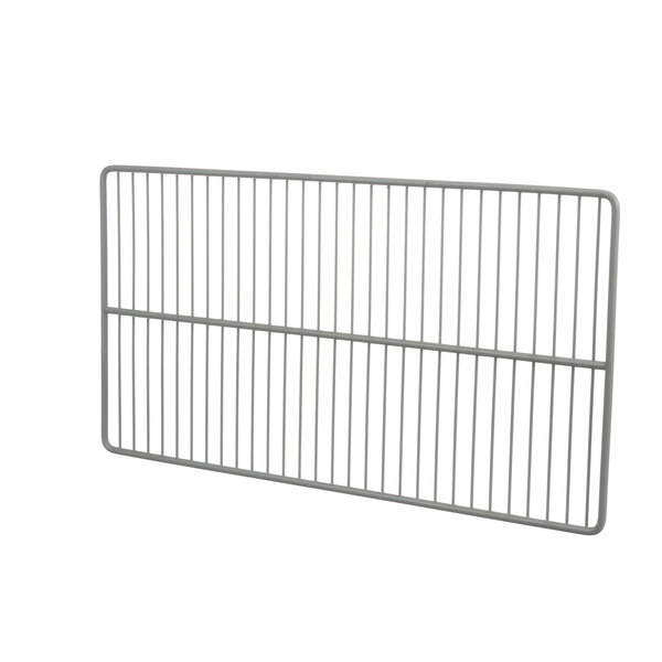 A metal wire shelf with a white background.