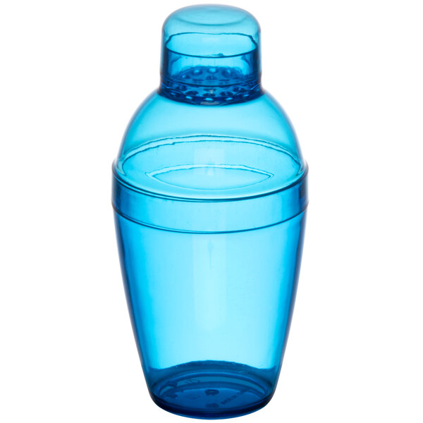 A Fineline blue disposable plastic shaker with a lid.