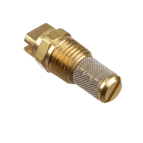 A close-up of a gold and silver metal Baxter spray nozzle connector.