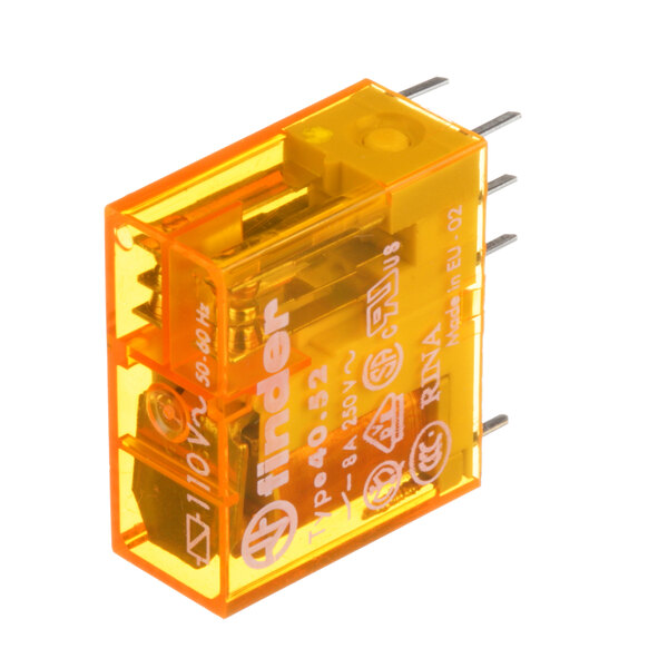 An orange electrical relay with white wires.