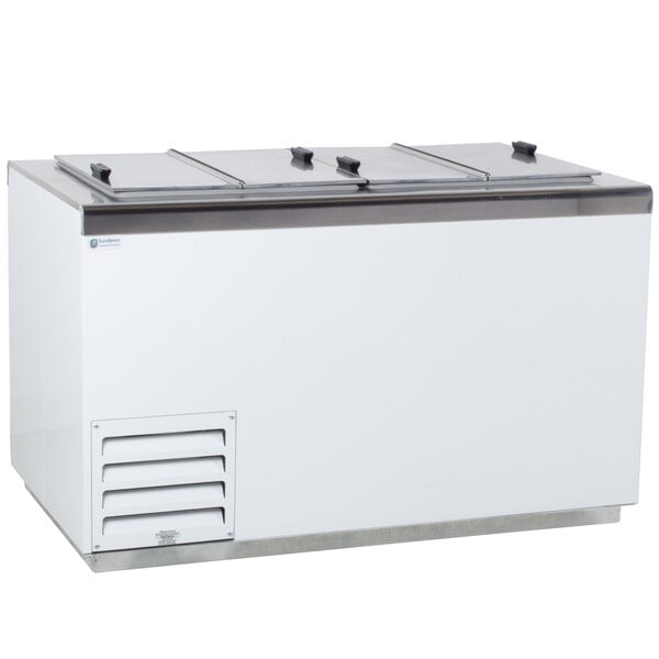 A white Excellence ice cream dipping cabinet with flip lids.