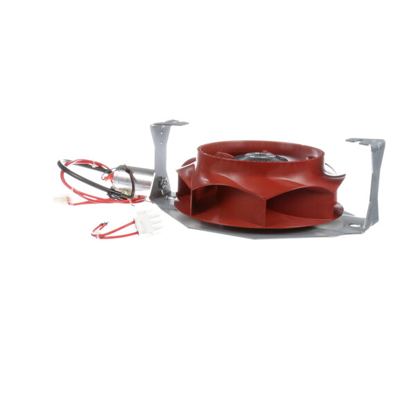 A red and silver Merrychef cooling fan with wires.