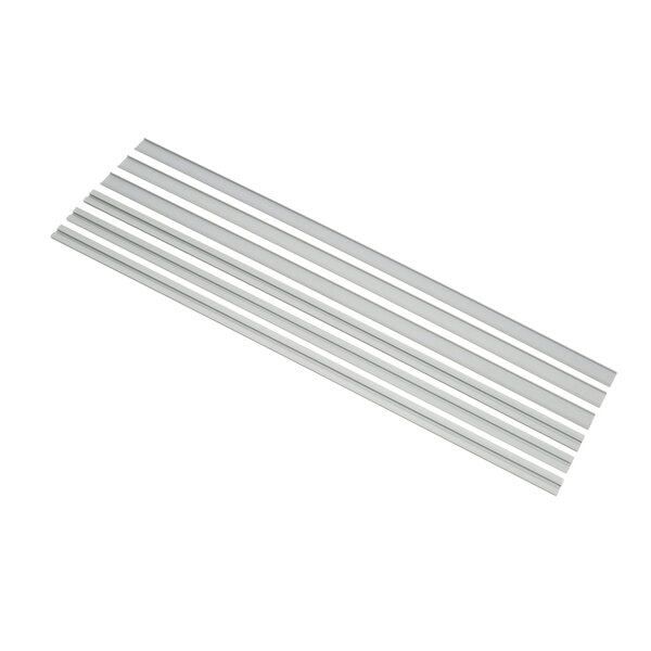 A white plastic strip with several white metal clips attached.