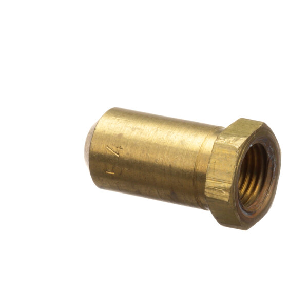 A close-up of a brass threaded nut on a white background.