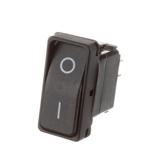 A black Giles rocker switch with white text on it.