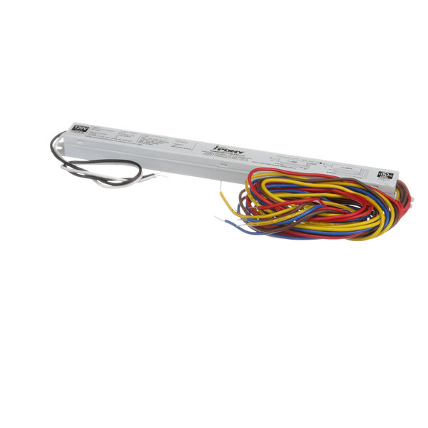 A white rectangular ballast with colored wires.