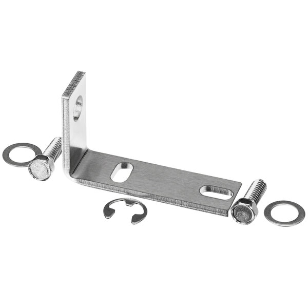 A Duke metal L bracket with screws and a nut.