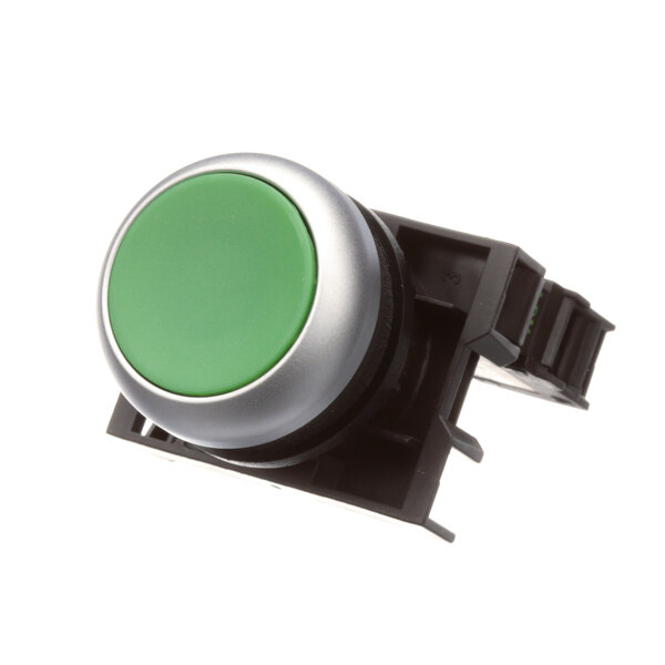 A close-up of a green Salvajor button with a black plastic holder.