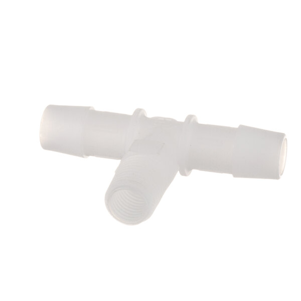 A close up of a white Accutemp nylon tee fitting with two holes on either side.