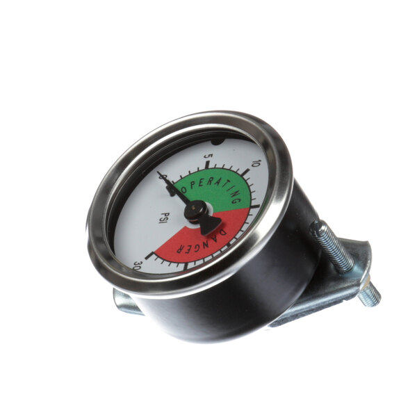 A close-up of a Cleveland pressure gauge with a red and green dial.