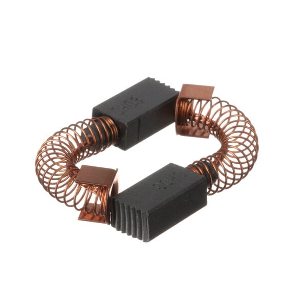 A close-up of a black rectangular object with a copper coil and black and copper wire.