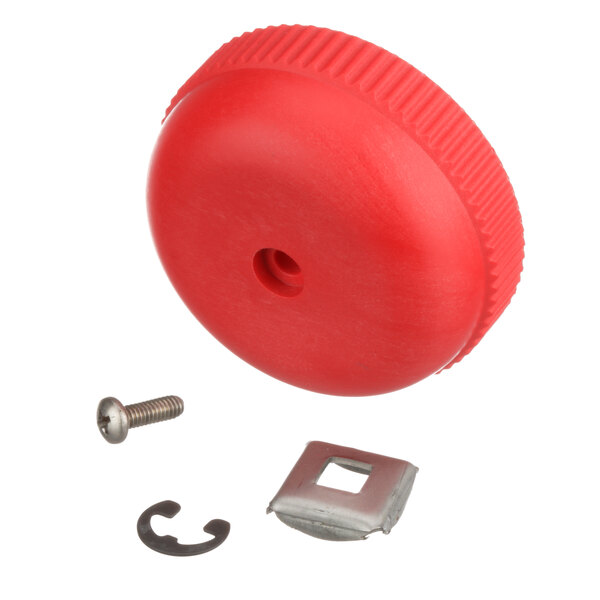 A red plastic Cleveland Steam Valve knob with a screw and screwdriver.