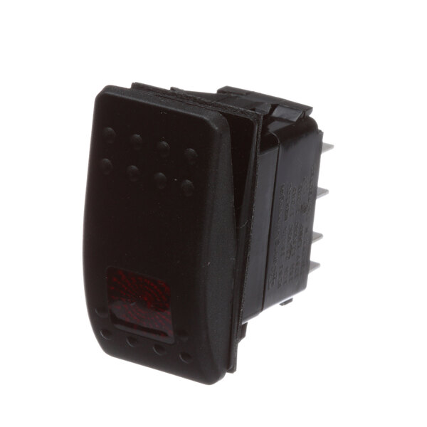 A black square push button switch with a red light.