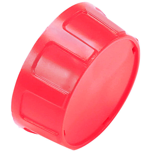 A close-up of a red plastic cap with a white background.