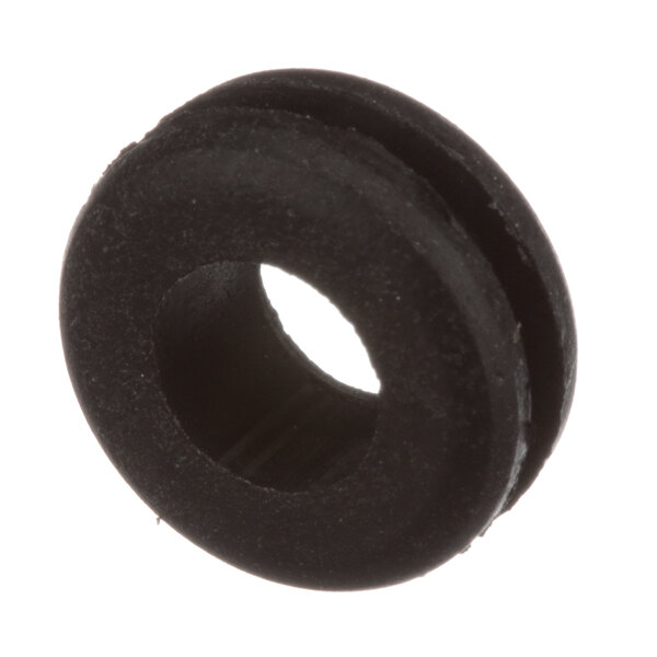 A black rubber Groen grommet with a hole in it.
