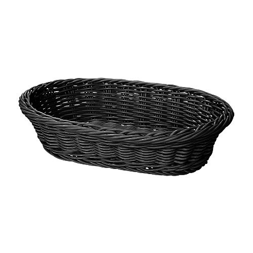 A close-up of a black oval plastic basket with handles.