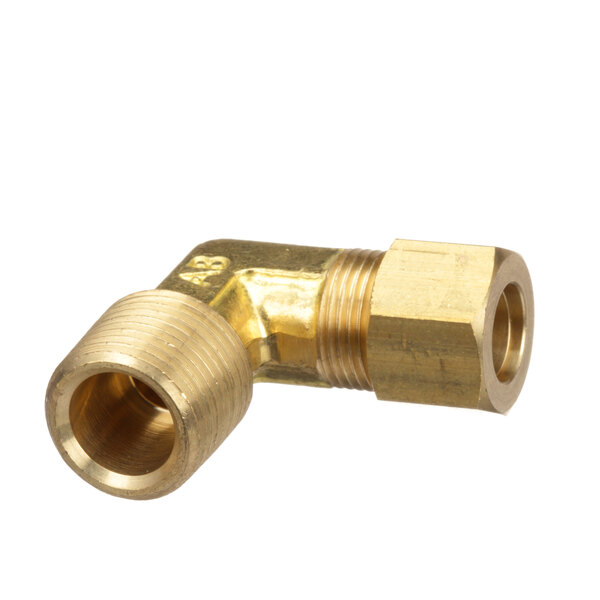 A close-up of a gold-colored brass threaded Vulcan elbow.