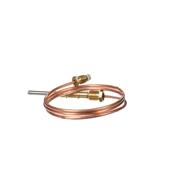 A close-up of a Vulcan thermocouple with a copper tube and wire with a gold connector.