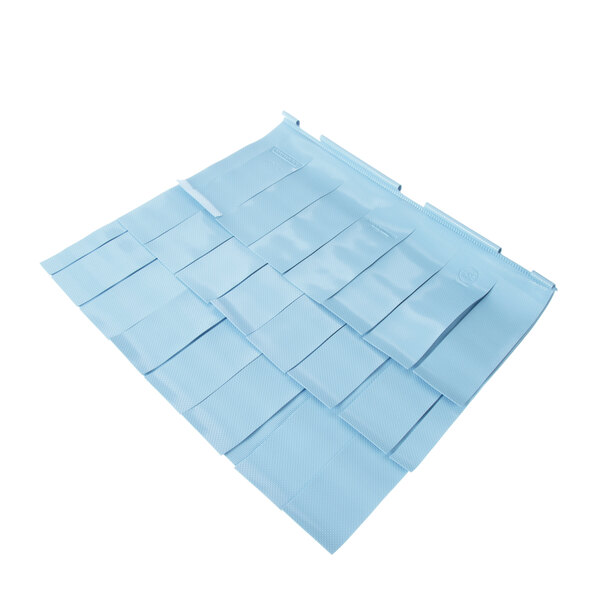 A pile of blue plastic bags with small rectangles on them.