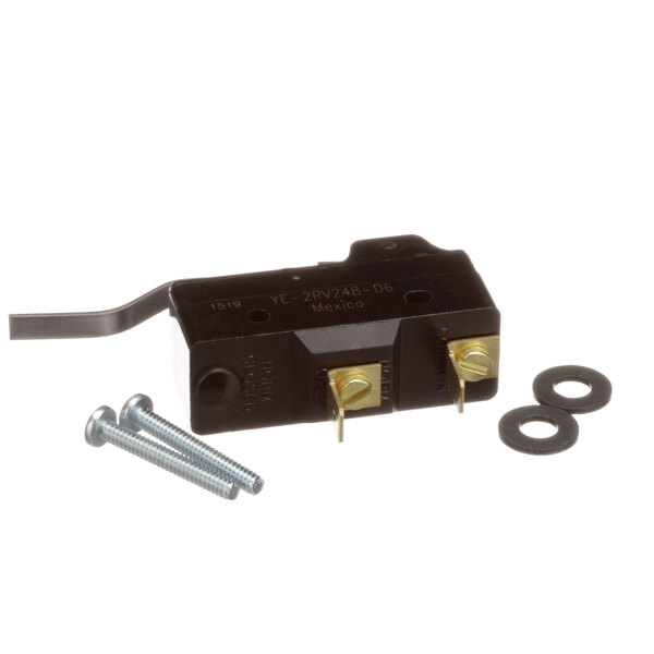 A black Blodgett micro switch with two screws and nuts.