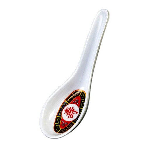 A Thunder Group Longevity melamine soup spoon with a red and white design on it.
