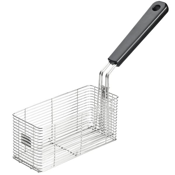 A Waring twin fryer basket with a wire basket and black handle.