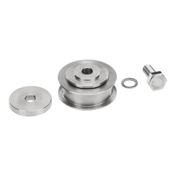 A stainless steel Convotherm guide roller bearing and nut set.